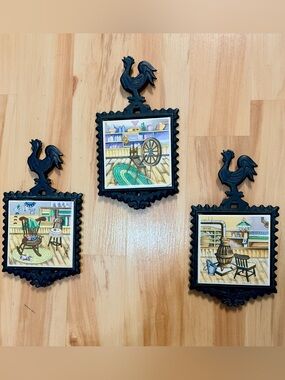 Vintage Made in Japan Cast Iron Trivets Set of 3 | Rooster Farmhouse Decor